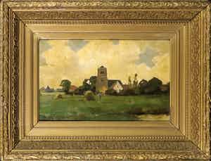 Niet of onleesbaar gesigneerd - Olieverf op paneel, Dorpsgezicht - Ingelijst verkocht voor € 1!