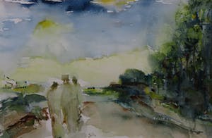 Jutta Metzger - Aquarel, Drie figuren in een landschap - Ingelijst kopen? Bied vanaf 100!