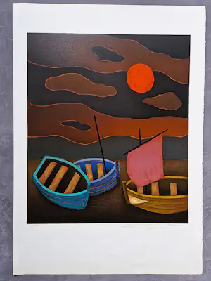 Jean Oosterlynck - Grote 1976 - kleurenlitho "BATEAUX A NUIT" met persoonl. opdracht kopen? Bied vanaf 41!