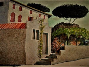 Erna van Mondfrans - Magnifiek pointillistisch Pastel "Landschap Mirepoix Frankrijk" gesigneerd - kopen? Bied vanaf 10!