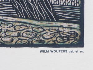 Wilm Wouters - Hollandse stad met ophaalbrug en figuren - Kleurenhoutsnede kopen? Bied vanaf 40!