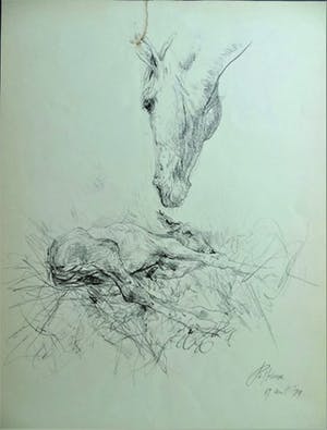 Piet Klaasse - twee litho's/potlood van paard en nieuw leven met ophangsysteem kopen? Bied vanaf 49!