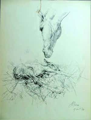 Piet Klaasse - twee litho's/potlood van paard en nieuw leven met ophangsysteem verkocht voor € 49!