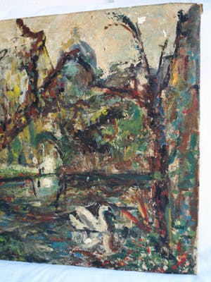 Niet of onleesbaar gesigneerd - Olieverf op doek , “Landschap met zwaan” kopen? Bied vanaf 1!