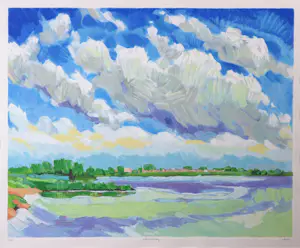 Adri Dijkhorst - Zeefdruk, Rivierlandschap kopen? Bied vanaf 1!
