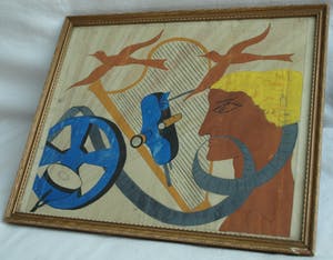 Niet of onleesbaar gesigneerd - Ingelijste gouache , Man, harp, film en 2 vogels – ingelijst - oud kopen? Bied vanaf 1!