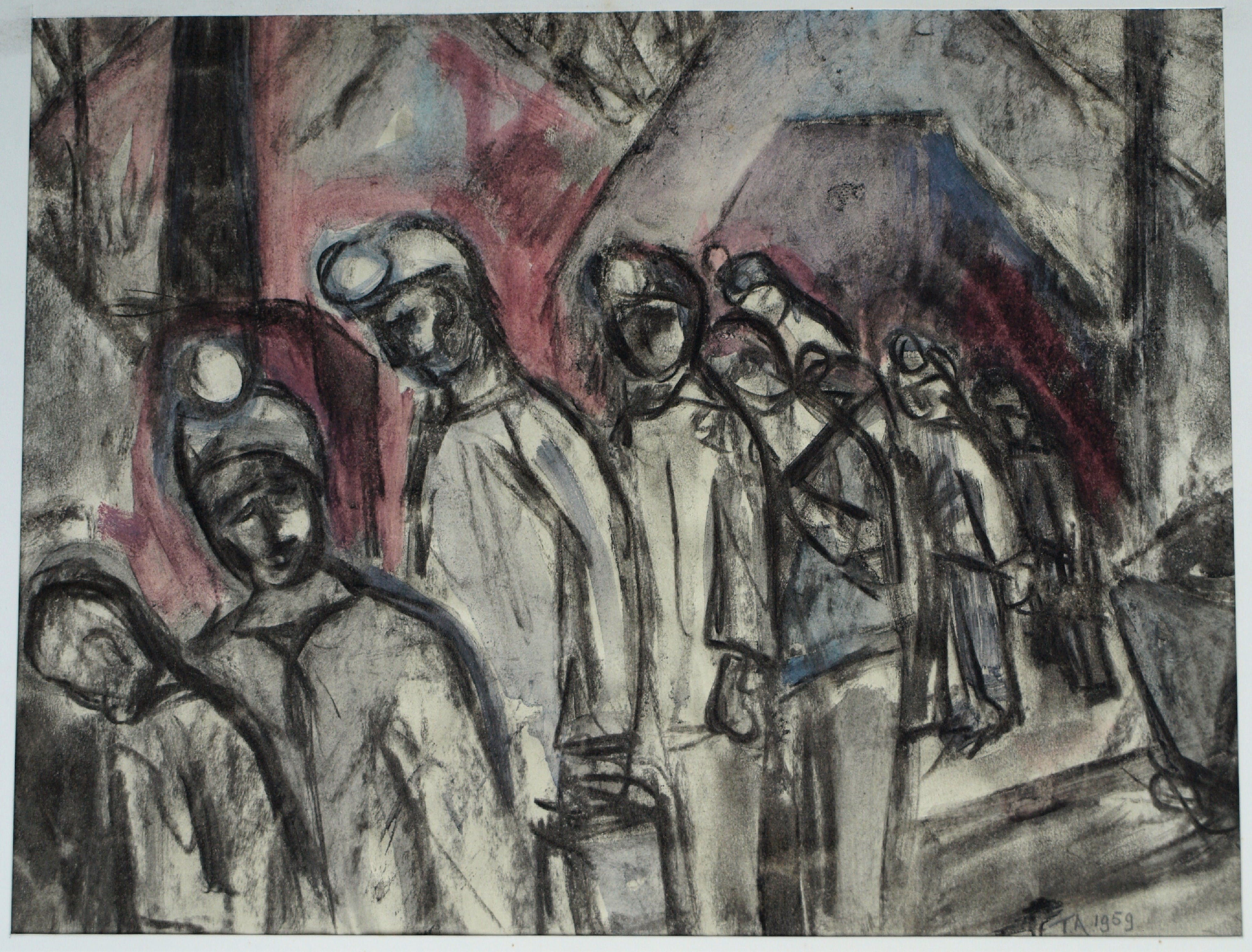 Niet of onleesbaar gesigneerd - Tekening , Mijnwerkers, Kompels - ingelijst - 1959 kopen? Bied vanaf 1!