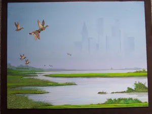 Ari Stolk - Invallende eenden met stads-skyline kopen? Bied vanaf 375!