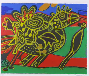 Corneille - Zeefdruk, Kip in landschap - Ingelijst kopen? Bied vanaf 300!