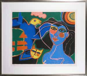 Corneille - Litho, Femme bleue - Ingelijst verkocht voor € 300!