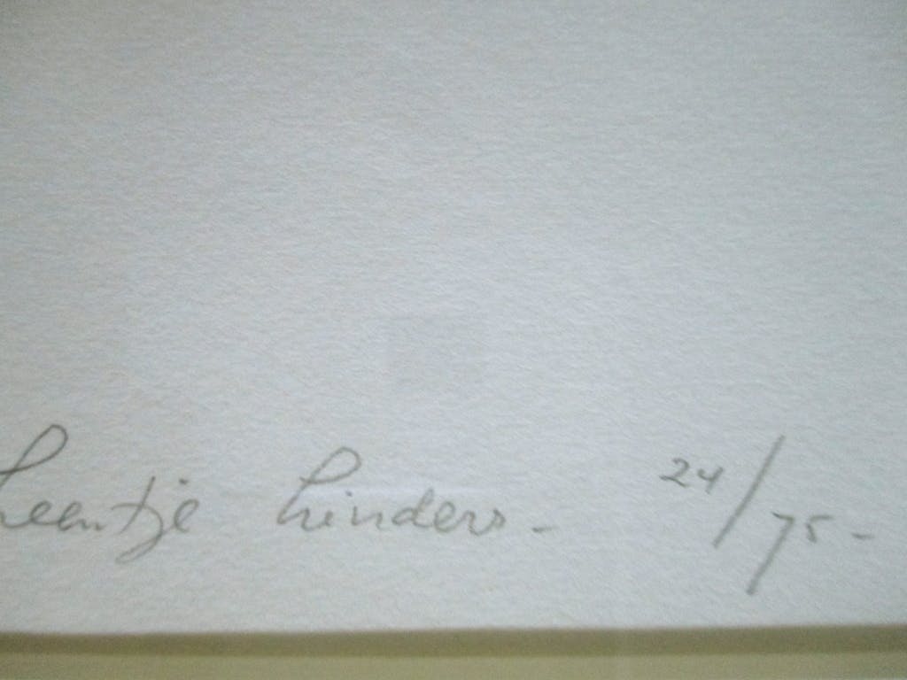 Leentje Linders - grote ingelijste ets 'Can I give you a hand?', Barth lijst kopen? Bied vanaf 60!