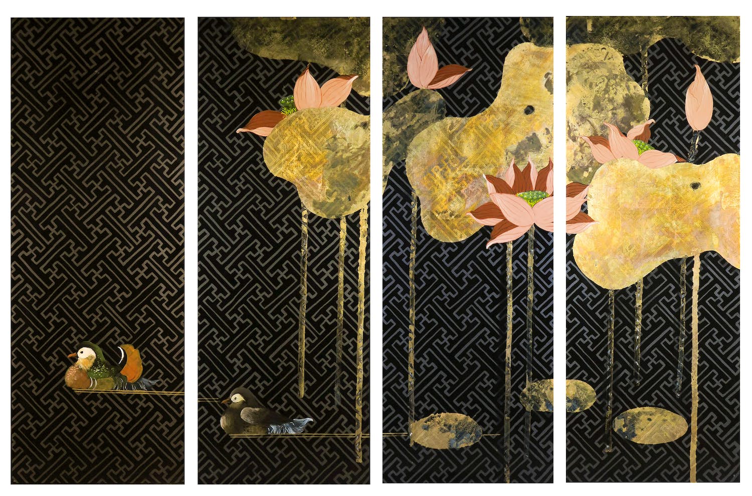 Niet of onleesbaar gesigneerd - Vier beschilderde decoratieve Chinese (lak)wandpanelen kopen? Bied vanaf 1!