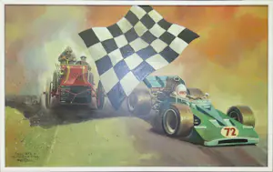 Frits Pieters - 2 schilderijen Tourist Trophy, The checkered flag, en boek Great Auto Races 1980 kopen? Bied vanaf 600!