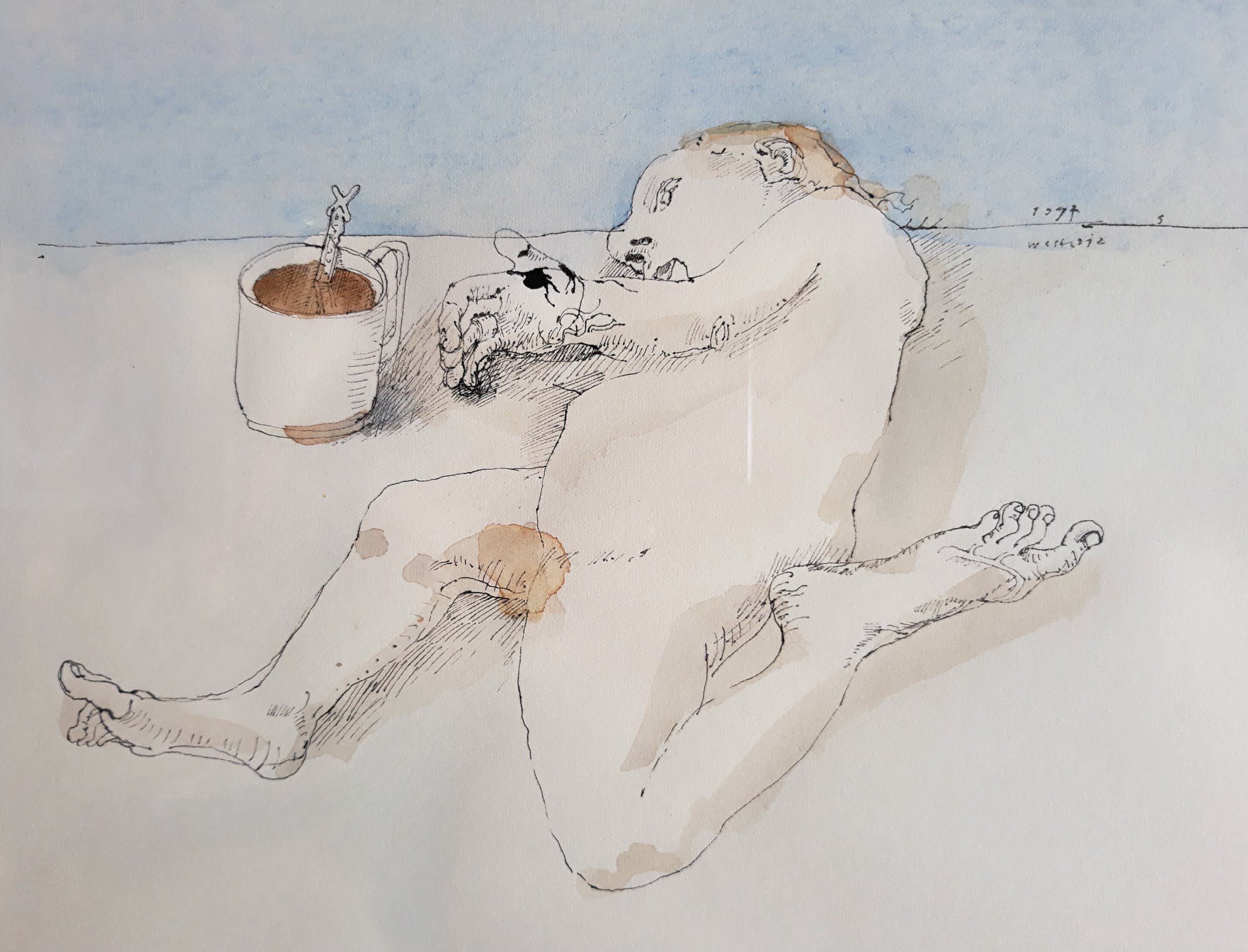 Co Westerik - Figuur, koffie en zachtblauw, gemengde techniek (ingelijst) verkocht voor € 1350!