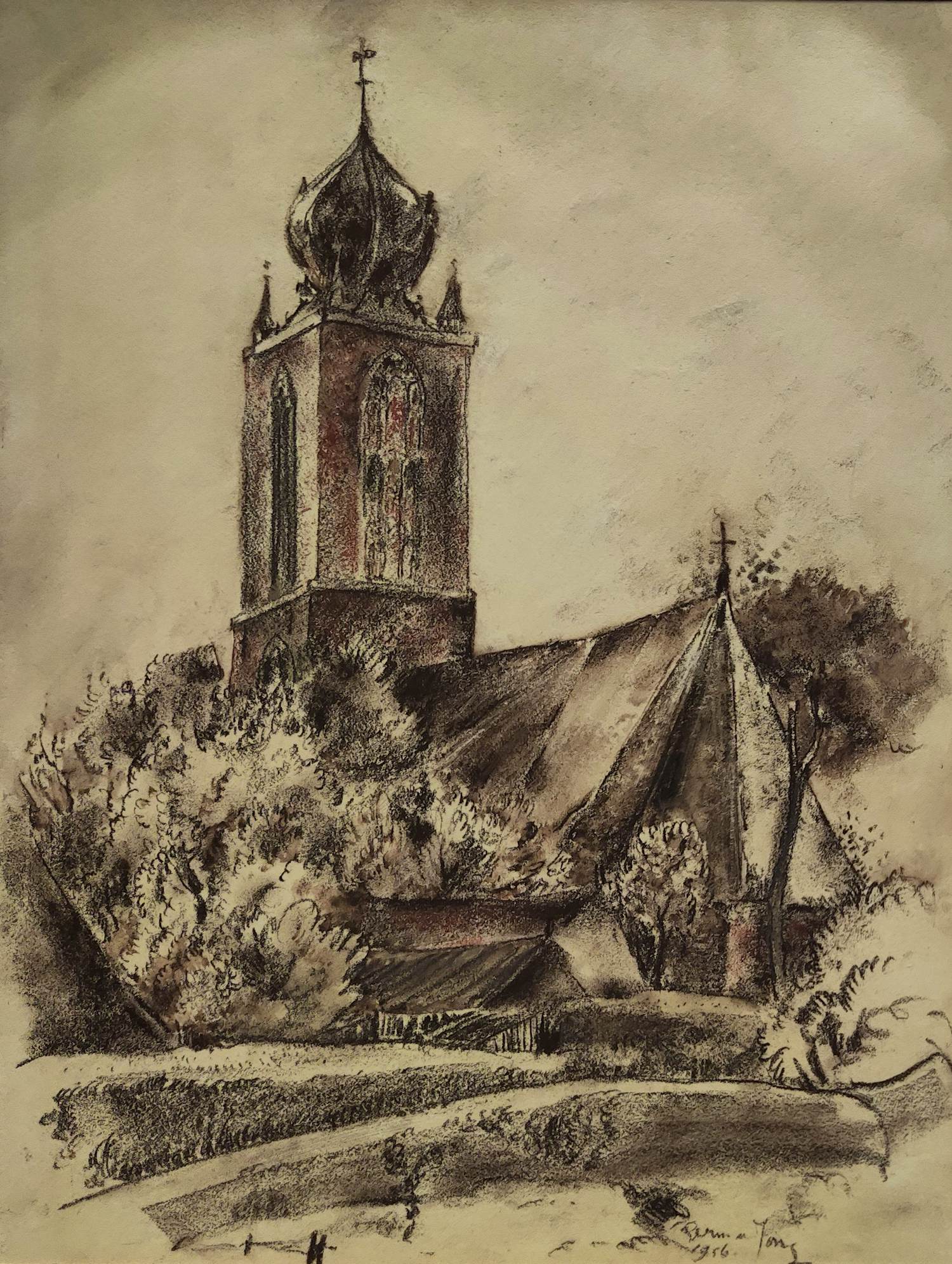 Germ de Jong - Gezicht op de kerk van Deinum (Friesland) kopen? Bied vanaf 150!