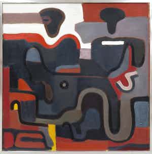 Ed Dukkers - Olieverf op doek, Abstracte compositie met figuren - Ingelijst (Groot) verkocht voor € 500!