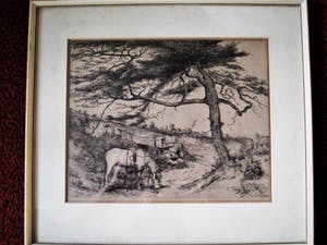 Adrianus Johannes Grootens - Knappe circa 1930 droge naald Ets "Kar en Paard in Duinlandschap" gesigneerd kopen? Bied vanaf 1!