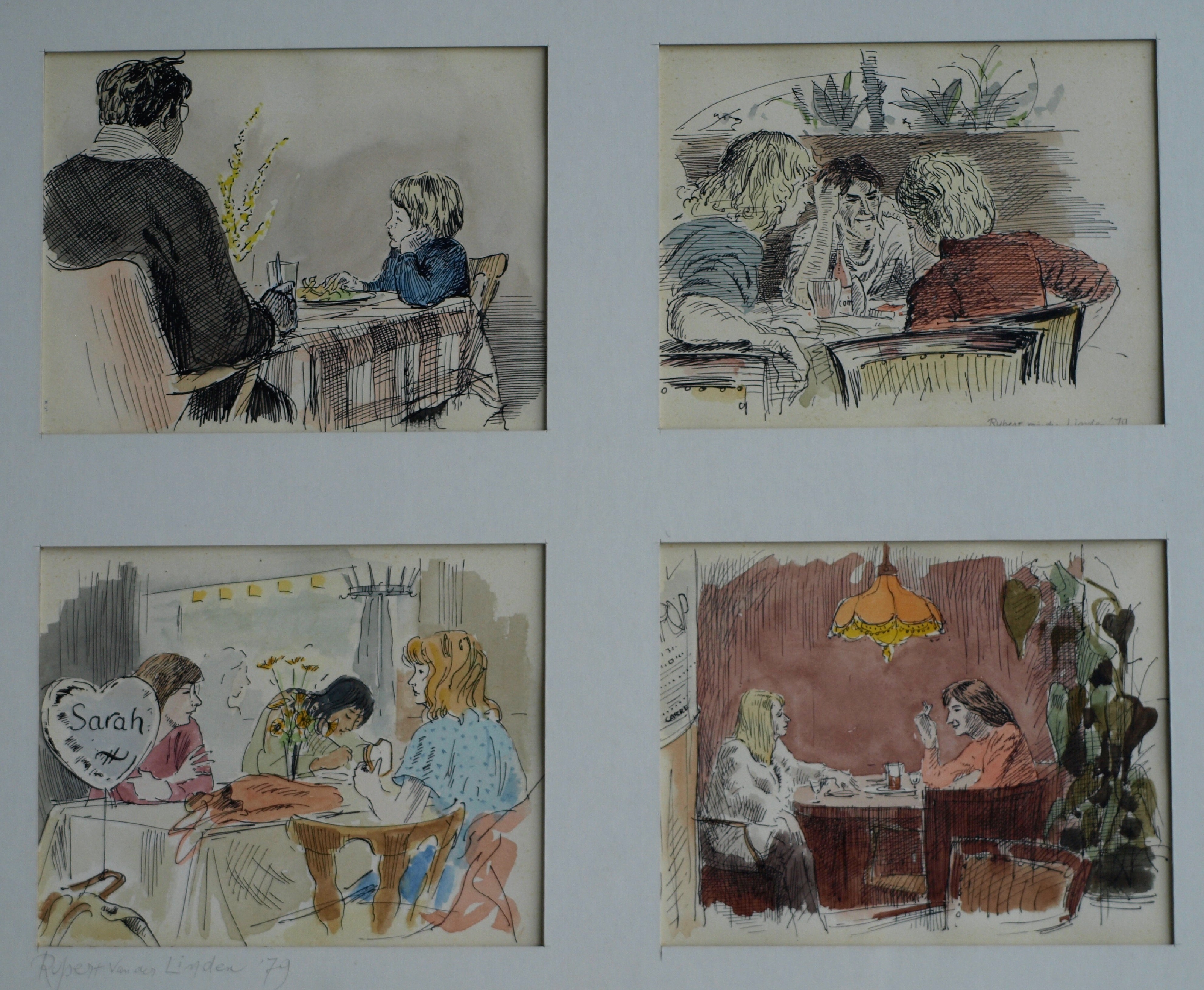 Rupert van der Linden - 4x Aquarel en pentekening , Mensen 9 – gesigneerd & ingelijst - 1979 verkocht voor € 50!