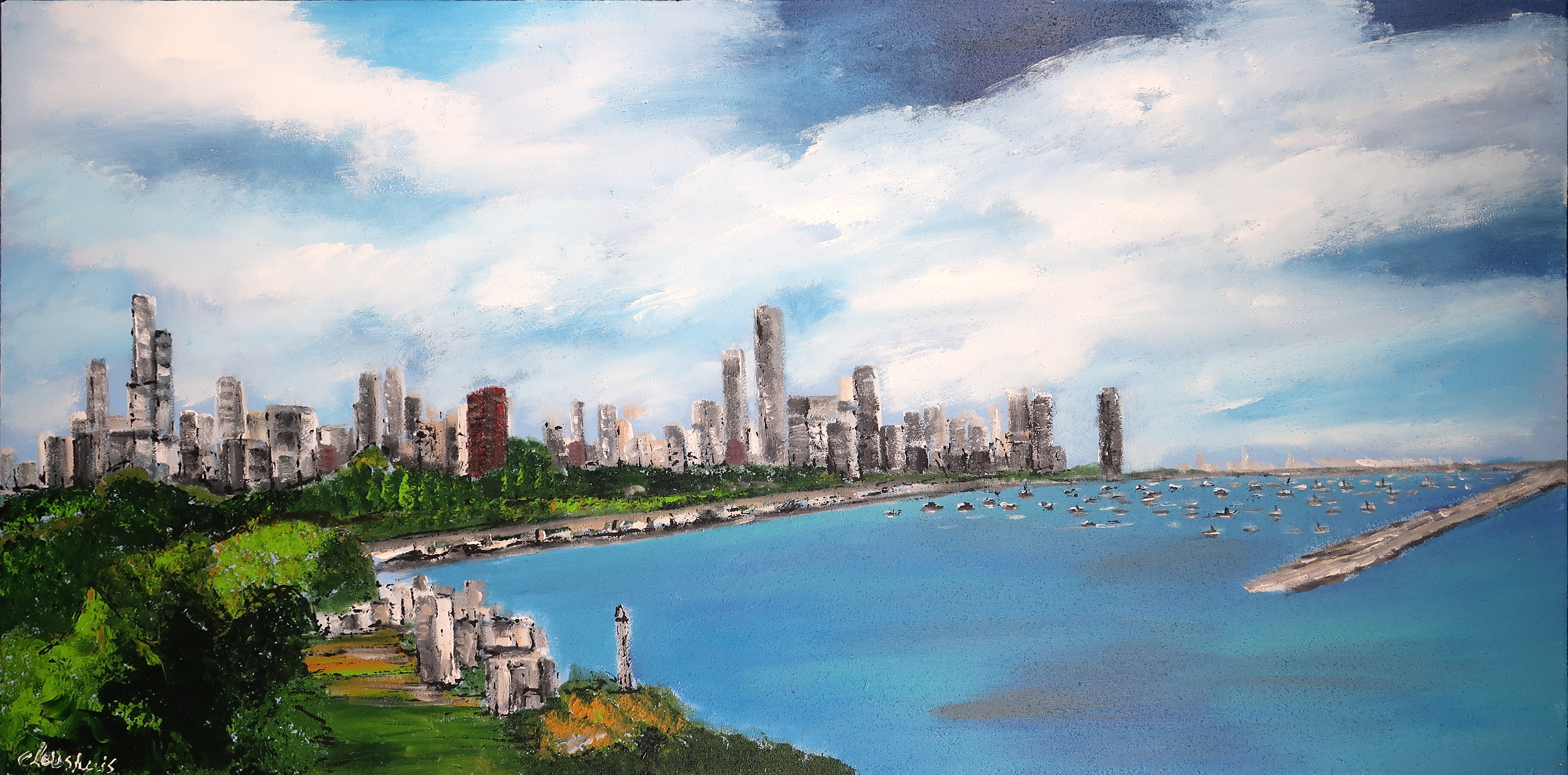 Niet of onleesbaar gesigneerd - Acryl op doek, Havengezicht (Groot) verkocht voor € 1!