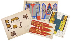 Niet of onleesbaar gesigneerd - Gouache, Lot van vier ontwerptekeningen kopen? Bied vanaf 1!