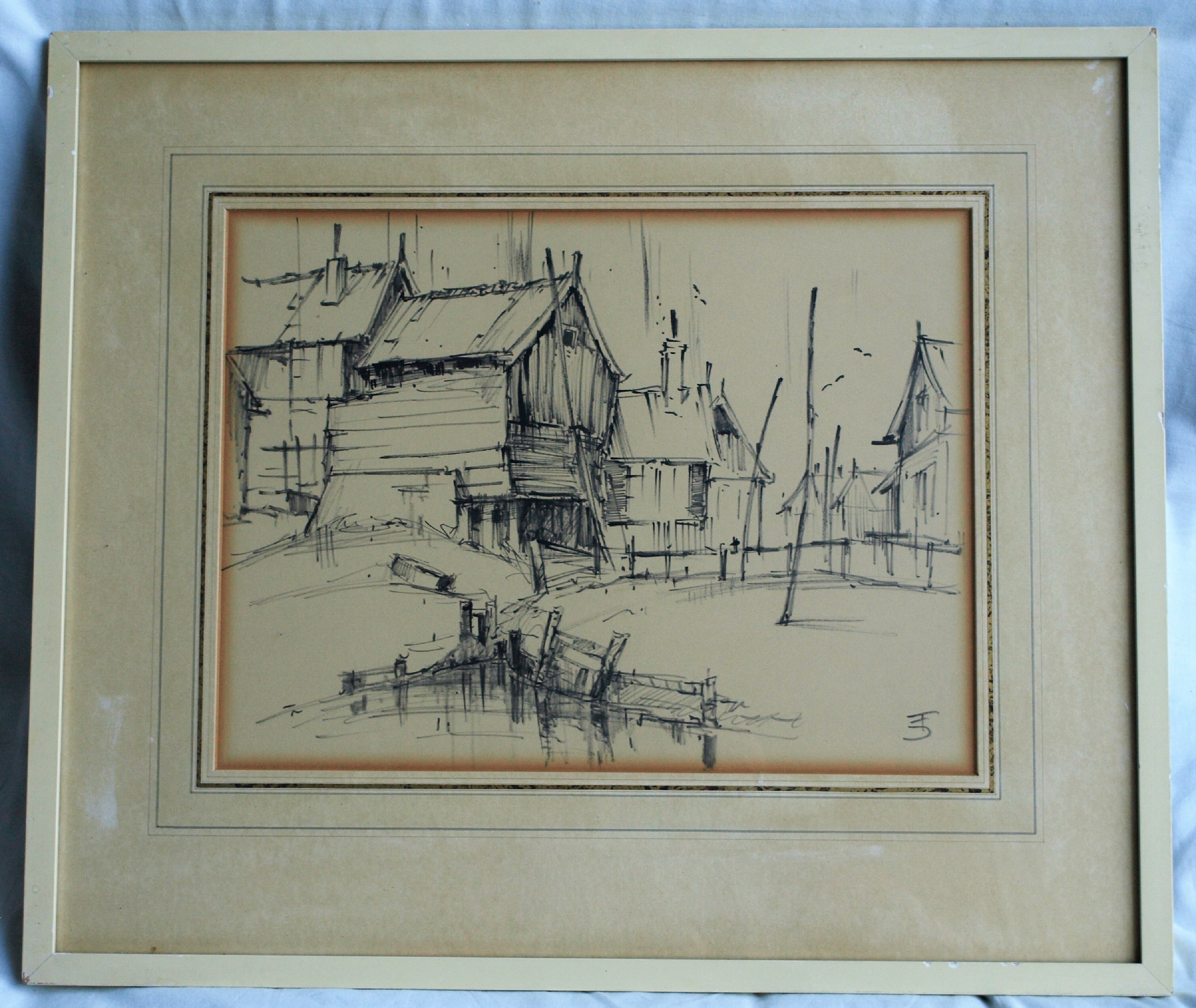 Niet of onleesbaar gesigneerd - Tekening , Dorpje – gesigneerd & ingelijst – ca 1964  kopen? Bied vanaf 1!