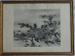 Niet of onleesbaar gesigneerd - Ingelijste zw/w inkttekening / aquarel , Japan? China? , Landschap kopen? Bied vanaf 1!