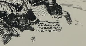 Rinus van der Neut - Inkttekening, Opslagwerf Werkendam - Ingelijst kopen? Bied vanaf 50!