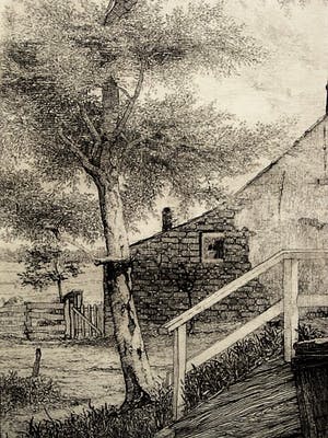 Jan Willem Lindeman - Knappe zg. Droge naald Ets van Huisje in Polderlandschap gesigneerd kopen? Bied vanaf 1!