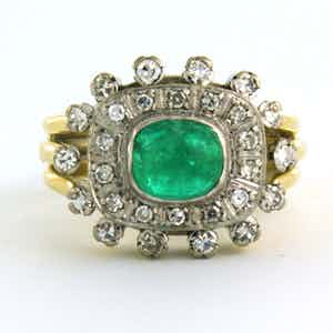 18k bicolor gouden ring bezet met smaragd en single cut geslepen diamanten verkocht voor € 650!