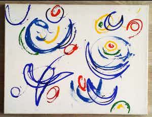 Gillis van Oosten - Abstract. Vrolijke kleurrijke figuren. verkocht voor € 129!