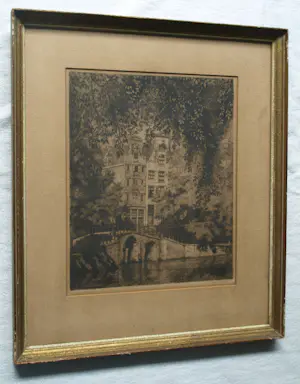 Willem Gerard Hofker - Ingelijste ets , Stadsgezicht Amsterdam - 1928 kopen? Bied vanaf 50!