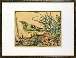 Niet of onleesbaar gesigneerd - Houtsnede, Vogel bij vijver verkocht voor € 1!