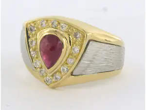 18k bicolour gouden ring bezet met robijn en briljant geslepen diamant 0.21 ct kopen? Bied vanaf 550!