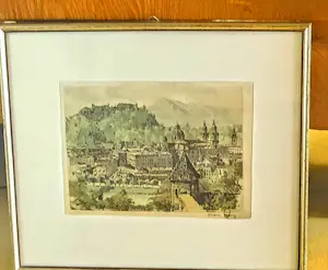 Buy Hans Figura - Farbradierung auf Seide "Salzburg" im Rahmen (27 x 30 cm) sehr guter Zustand? Bid from 70!