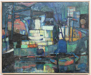 Wim Motz - Olieverf op doek | 'Houthaven van Stolk Rotterdam'| Eind jaren '50 kopen? Bied vanaf 1000!