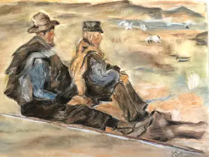 Niet of onleesbaar gesigneerd - Herders - Krijttekening, Ingelijst kopen? Bied vanaf 1!