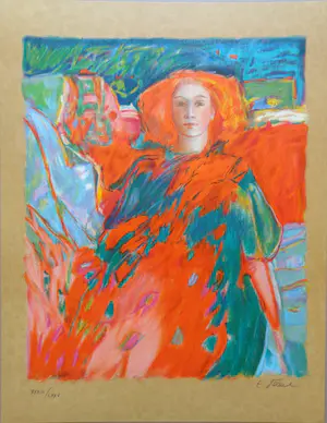 Claudia Steine - VROUW MET RODE JURK / KLEURLITHO / 65x50cm / SIG kopen? Bied vanaf 35!