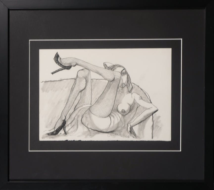 Valery Konevin - Valery Konevin: Potloodtekening, Erotische scene - Ingelijst verkocht voor € 80!