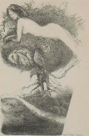 Mieke Slokkers-Wiegeraad - Litho, Z.T. Vrouw in boom - Ingelijst kopen? Bied vanaf 35!