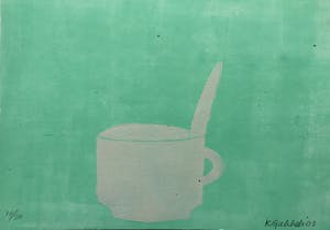 Klaas Gubbels - houtdruk met acryl ondergrond ‘ wit kopje’. kopen? Bied vanaf 250!