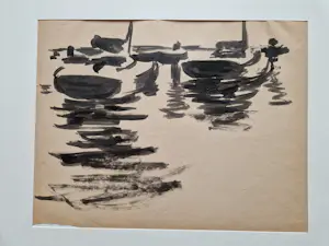 Jan Stroosma - Map met 7 Sepia/Inkt en 1 pasteltekening "(zeil)boten" met atelierstempel kopen? Bied vanaf 50!