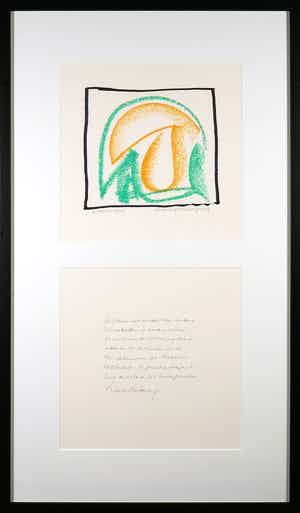 Simon Vinkenoog - Pasteltekening en gedicht, Attends-moi - Ingelijst verkocht voor € 100!