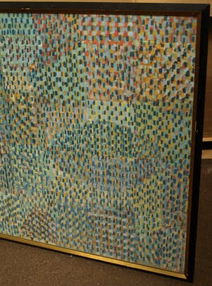 Niet of onleesbaar gesigneerd - Ingelijst ‘pointillistisch’ schilderij - Acrylverf op papier –107 x 156 cm -1989 kopen? Bied vanaf 1!