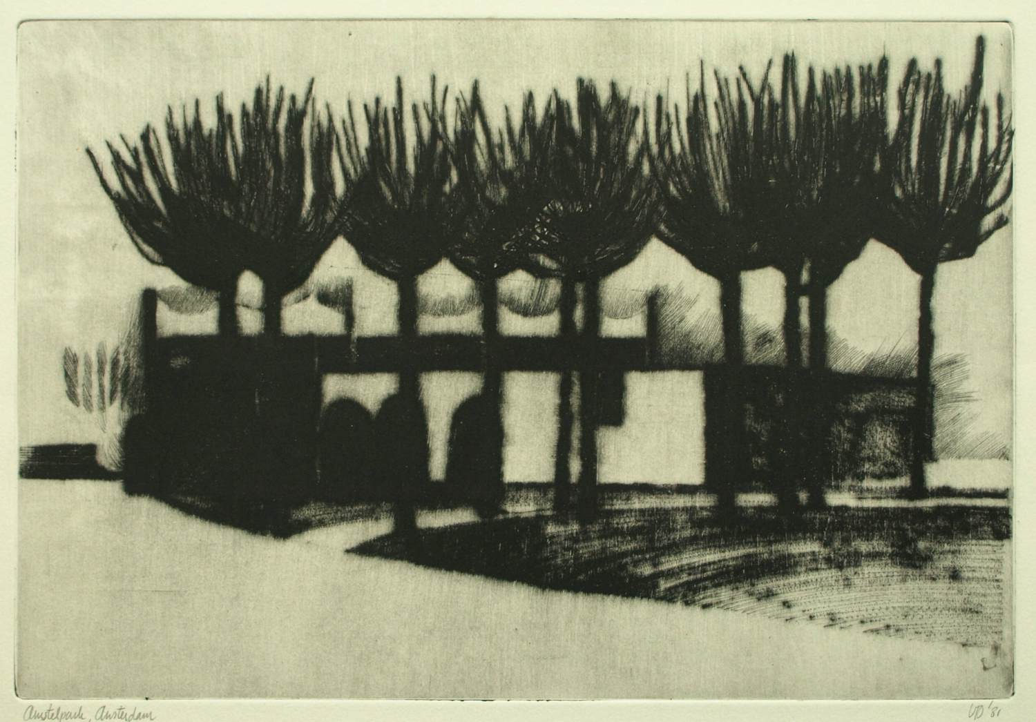 Uto Hogerzeil - Ingelijste ets en aquatint , Amstelpark, Amsterdam – 1981 – Lijst, 41 x 51 cm. kopen? Bied vanaf 60!