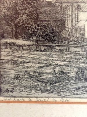 Wim van den Anker - Kerk te DRIEL - Ets, Ingelijst kopen? Bied vanaf 30!