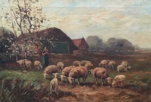 Piet Bouter - C3065-3, herderin met schaapskudde in landschap kopen? Bied vanaf 75!