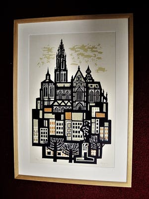 Akke Sins - Friese Grafica - Fraaie handgekleurde Houtsnede "Antwerpen " kopen? Bied vanaf 67!