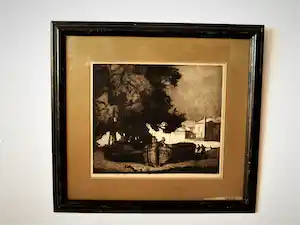 Frank Brangwyn - Fraaie droge naald Ets "Bootwerf bij Brugge" in originele lijst / gesigneerd verkocht voor € 78!