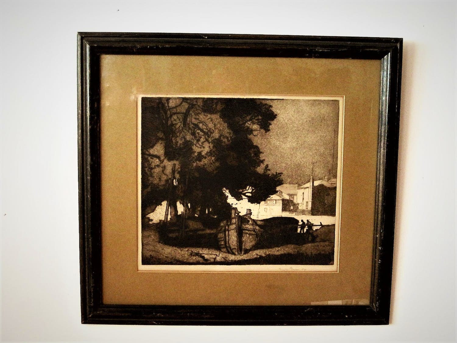 Frank Brangwyn - Fraaie droge naald Ets "Bootwerf bij Brugge" in originele lijst / gesigneerd verkocht voor € 58!