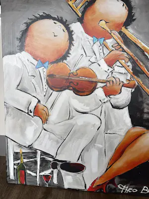 Theo Broeren - Glicée met acryl op doek ‚ Muziek spelen‘ (ZEER GROOT) kopen? Bied vanaf 145!